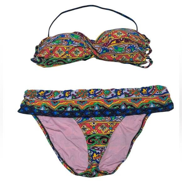 Nanette Lepore Strapless Bikini Boho Multicolor Paisley Print Halter Swimsuit - Picture 2 of 11